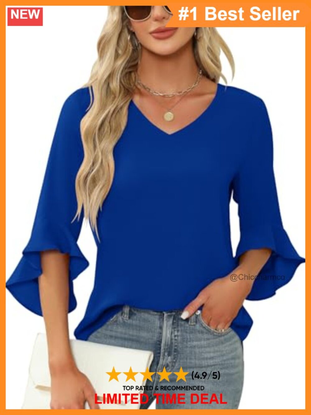 Chiffon Blouse Ruffle 3/4 Sleeve V Neck Flowy Tunic Top Dressy Casual